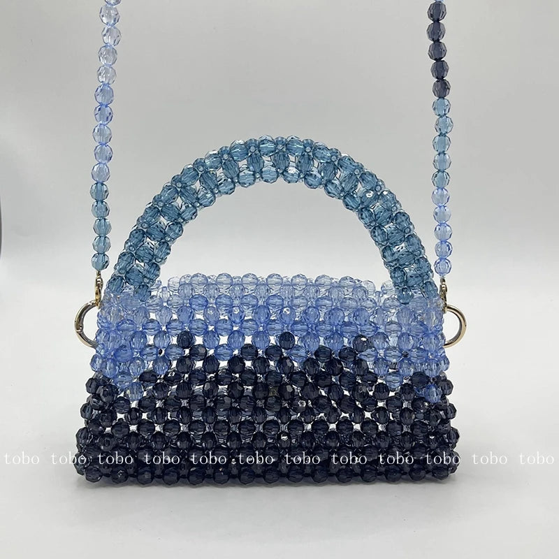 Gradient Blue Beaded Own Design Tote Bags for Women Customized Color Fashion Handbags for 2022 Chain Handle Clutch Evening Bag