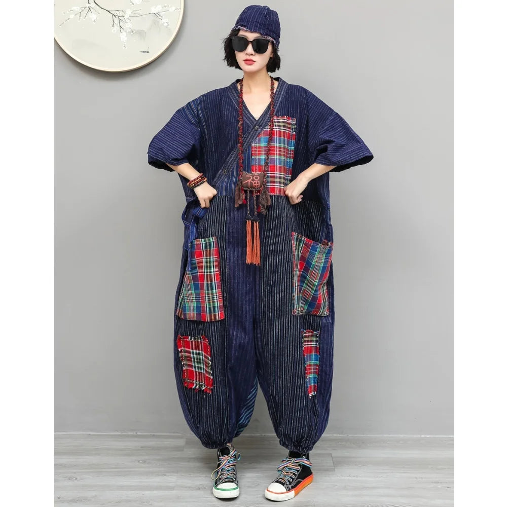 Women Plaid Jumpsuit Loose Wide Legs Short Sleeves Diagonal Buttons Straps Jumpsuit LX6229