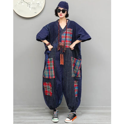 Women Plaid Jumpsuit Loose Wide Legs Short Sleeves Diagonal Buttons Straps Jumpsuit LX6229