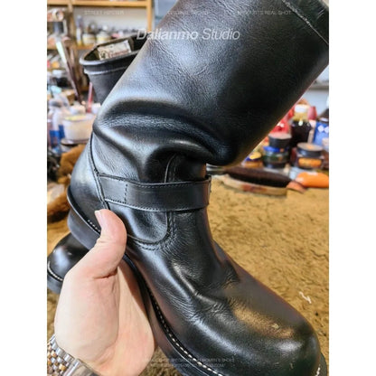Men's Genuine Leather Engineer Boots Black Metal Buckle Strap Knight Boots Trendy Round Toe Mid-calf Motorcycle Boots