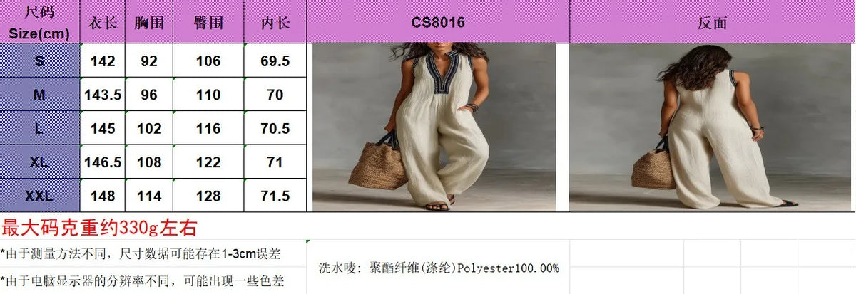 Women Jumpsuit Sleeveless V Neck Wide Leg Romper Linen Blend Loose Fit Cotton Overalls High Waist Pockets Boho Style Jumpsuits