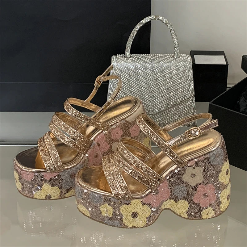 Eilyken CRYSTAL Diamonds Sequin Cloth Buckle Strap Platform Wedges Women Sandals Street Style High Heels Summer Shoes