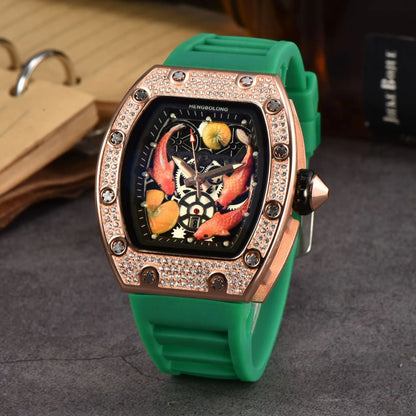 2026 New Hengbolong Diamond Quartz Watch Men's Fashion Koi Pattern with Calendar Watch