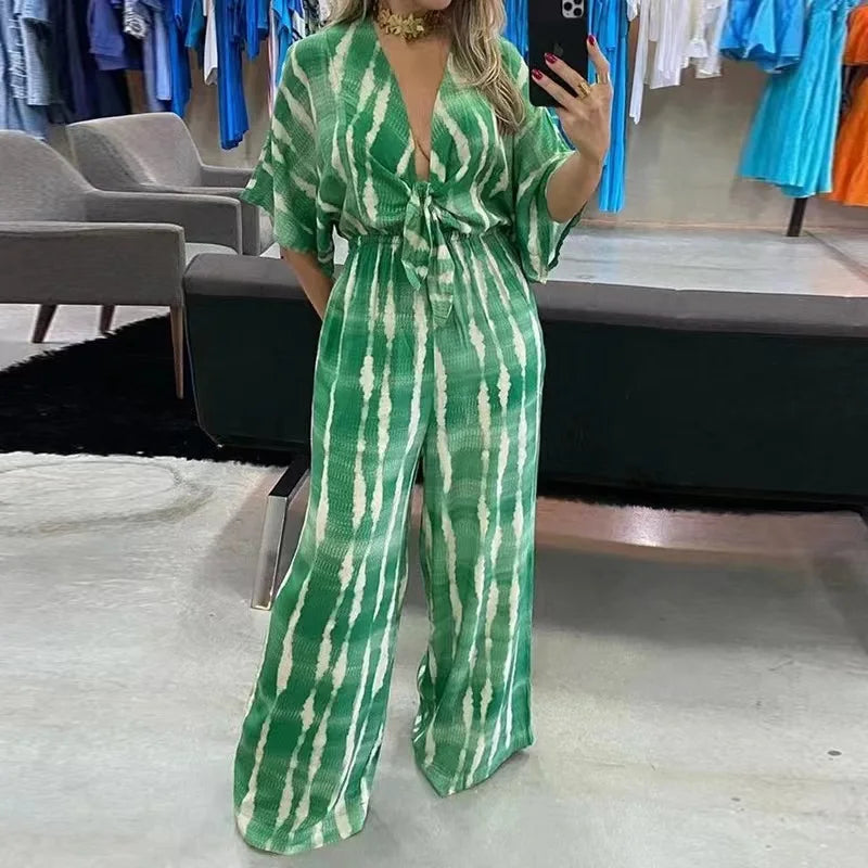Elegant Women's Jumpsuits 2025 Summer Simple Casual  V-neck Lace Up Loose Lady Fashion Wide Leg Jumpsuit S-XXXL