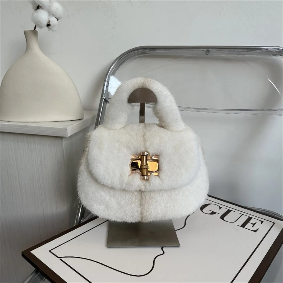 Fur Women's Mink Fur Bag Luxury Warm Plush Wrist Bags  Women Fashion Furry Short Handle Clutch Cute Ladies Fur Bags For Women