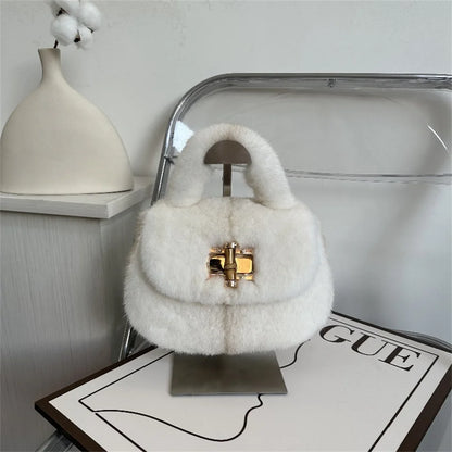 Fur Women's Mink Fur Bag Luxury Warm Plush Wrist Bags  Women Fashion Furry Short Handle Clutch Cute Ladies Fur Bags For Women