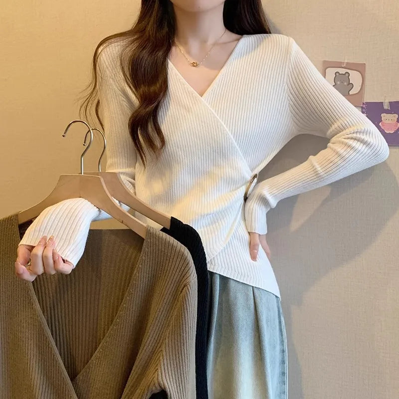Women Wrap V Neck Ribbed Knit Top Metal Ring Buckle Flare Long Sleeve Slim Sweater