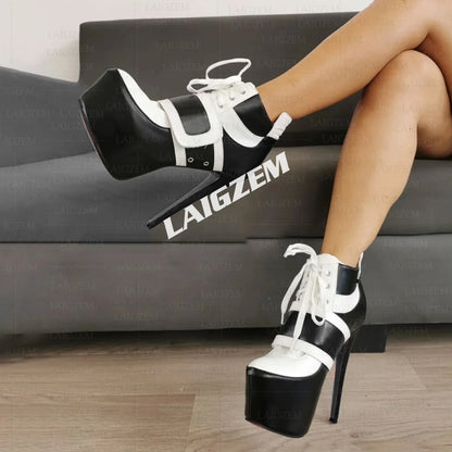 LAIGZEM Women Ankle Boots Round Toe Lace Up Thin High Heels Boots Faux Leather Ladies Shoes Woman Large Size 39 41 43 47 52