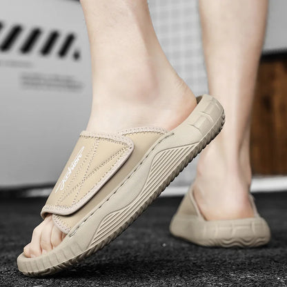 Leisure Walk Mens Slippers Outdoor Leather Male Slides Sneakers Summer Beach Shoes Sandals for Male Large Size Casual Half Drag