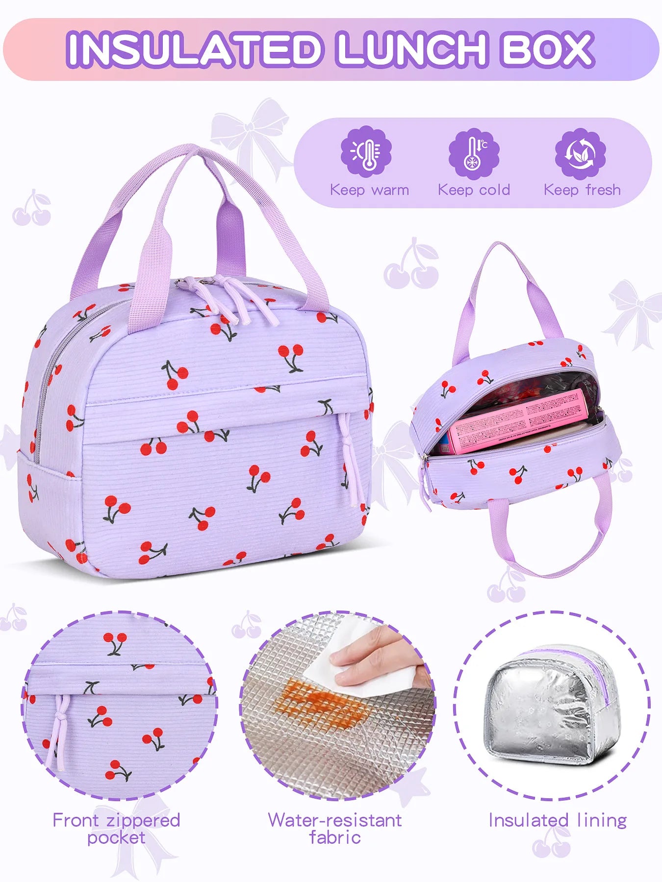 2026 High Quality Corduroy Three Piece Backpack with Cherry Pattern Princess Large Capacity Lightweight School Bag mochilas