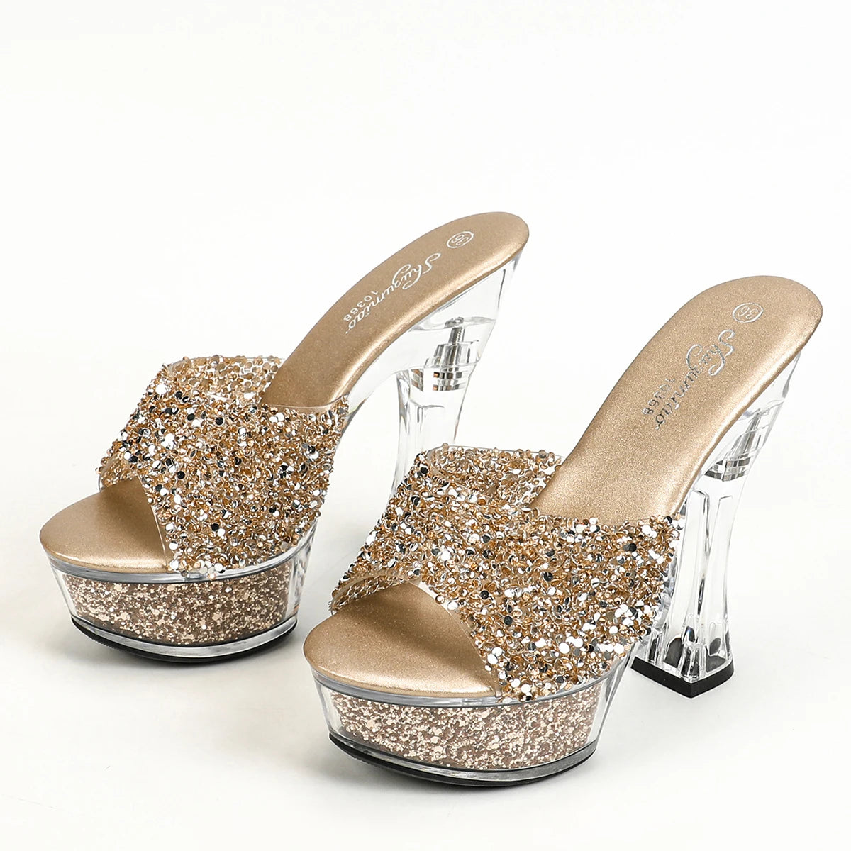 Women Slippers 14CM Luxury Party Shoes Designer Transparent Platform Summer High Heels 2024 New Glitter Sequined Stage Sandals