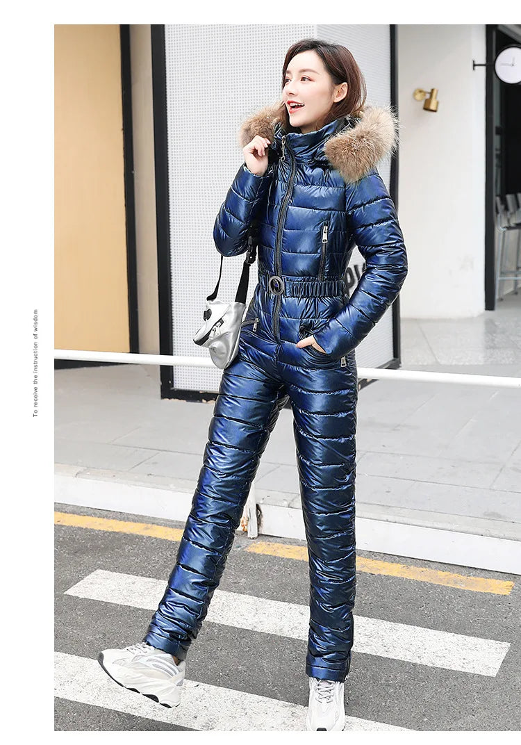 Jumpsuits One Piece Ski Suit Winter Thicken Snow Place Down Cotton Women Suits Warm Hooded Waist Slim Shiny Outdoor Sports