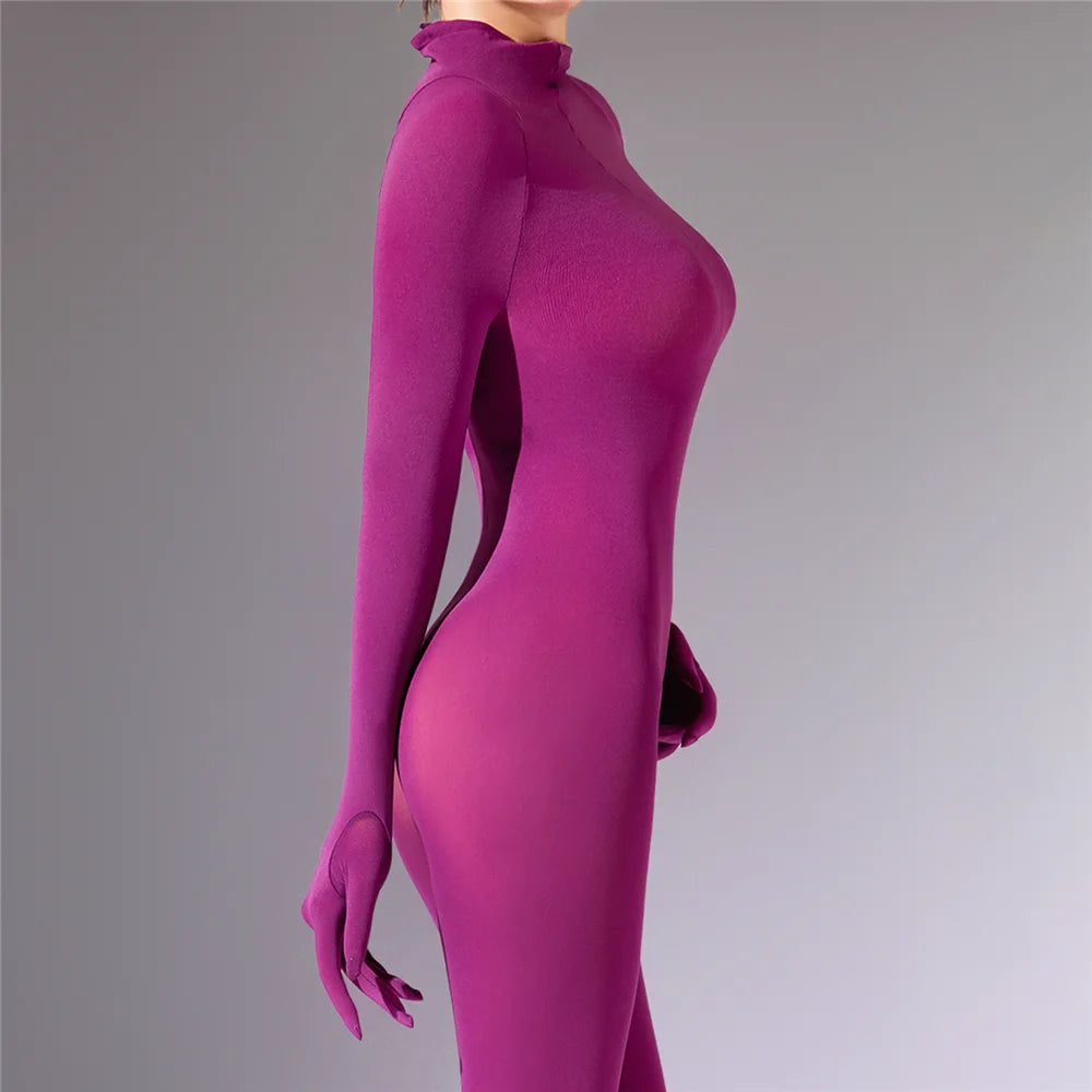 Plus Size Sexy Women 120D Five Finger Glove Sleeve Bodysuit Seamless Tight Warm High Elastic Shaping Cosplay Unisex Fit Jumpsuit
