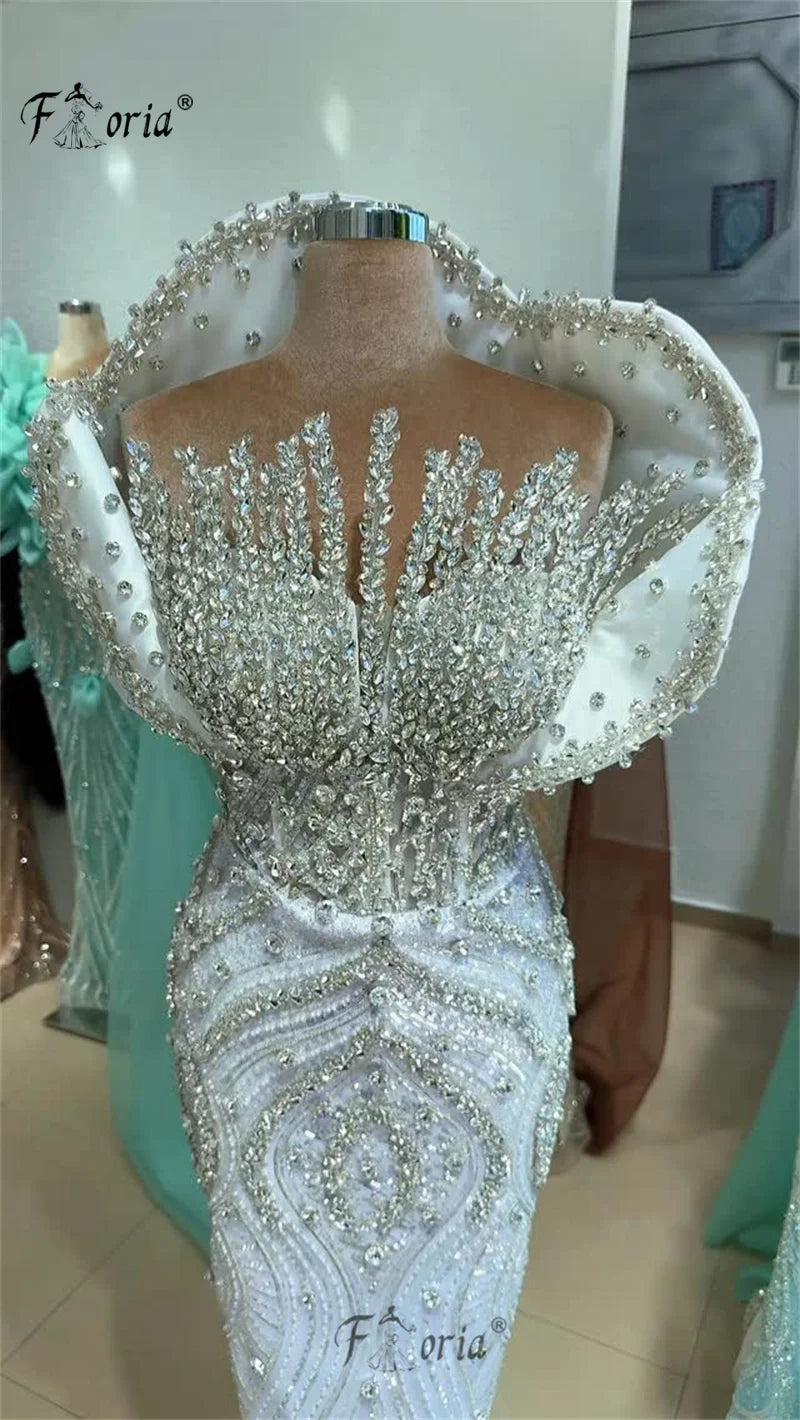 Luxury White Crystal Beaded Mermaid Wedding Dresses with Wrap Heavy Handmade Dubai Woman Formal Party Robe De Mariee Customized