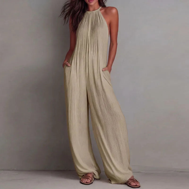 Women's Halter Sleeveless Jumpsuit New Beach Vacation Textured Overalls with Pockets Wide Leg Romper Casual Spring Summer Outfit
