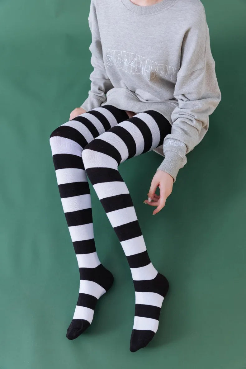 1/2 Pairs Women Over The Knee Socks Cotton Thigh High Socks Black White Blue Colorful Striped Pattern Fashion Casual Daily Wear