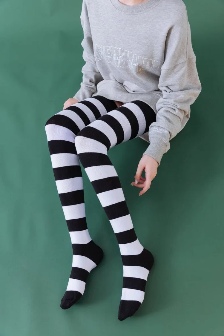 1/2 Pairs Women Over The Knee Socks Cotton Thigh High Socks Black White Blue Colorful Striped Pattern Fashion Casual Daily Wear