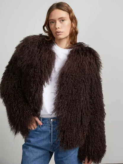 Mongolian Fur Coat Fur Jacket Women's Elegant Fluffy Solid Color Thickened Thermal Long Sleeve Coat Winter Fashion Oversized Lad