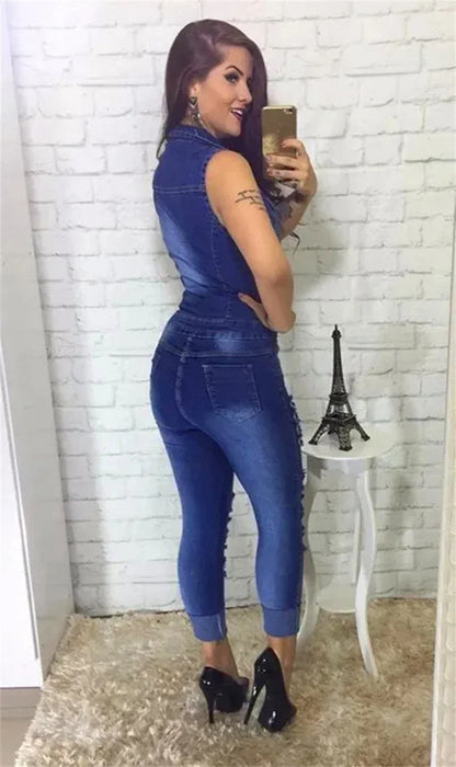 Streetwear Ripped Jeans Jumpsuit Women Summer Clothes Women 2024 Sleeveless Catsuits Denim Rompers Playsuits One Pieces Overalls