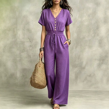 Elegant Women V-neck Buttons Jumpsuits summer solid short sleeve Drawstring wide leg Jumpsuit casual commuting Slim Rompers