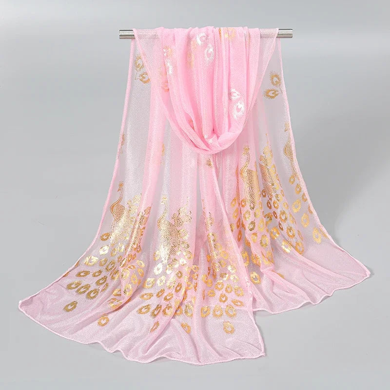 Women Glitter Thin Muffler Solid Color  Elegant Hijab Scarf Chiffon Long Scarves Gold Peacock Print Wrap Shawl Georgette Scarf