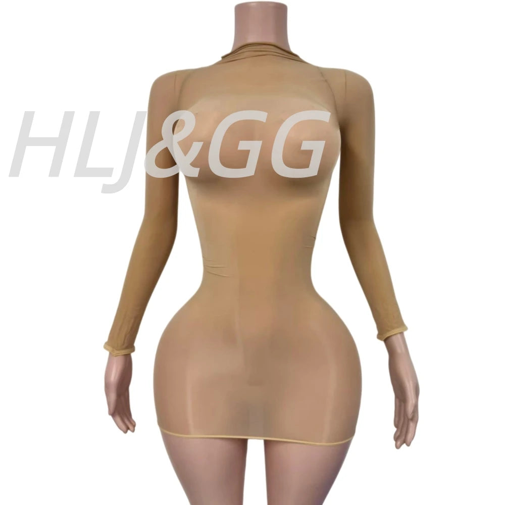 HLJ&GG Sexy Mesh See Through Bodycon One Piece Jumpsuits Women O Neck Long Sleeve Stretchy Overall Lady Party Clubwear Playsuits