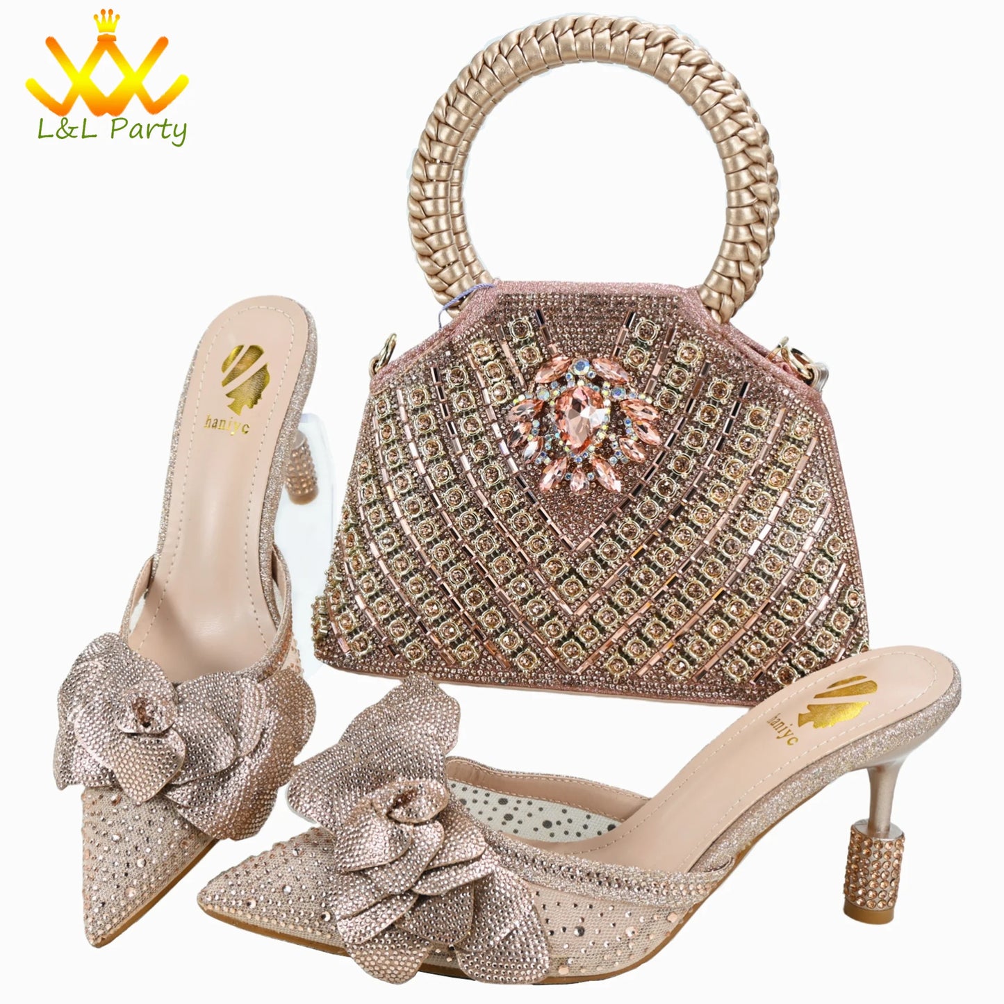 Orange Color New Arrivals Italian Design Nigerian Women Shoes and Bag Set Pointed Toe Slipper with Shinning Crystal for Party