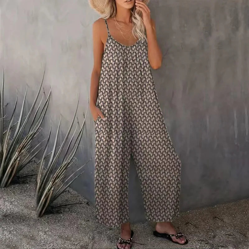 Summer New Women's Printed Casual Sleeveless Loose Wide Leg jumpsuit