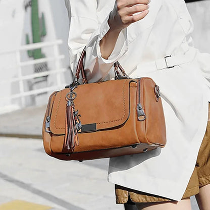 Tassel Decor Women's Large Capacity Shoulder Bag Fashion Zipper Crossbody Bag With Removable Strap Boston Handbag