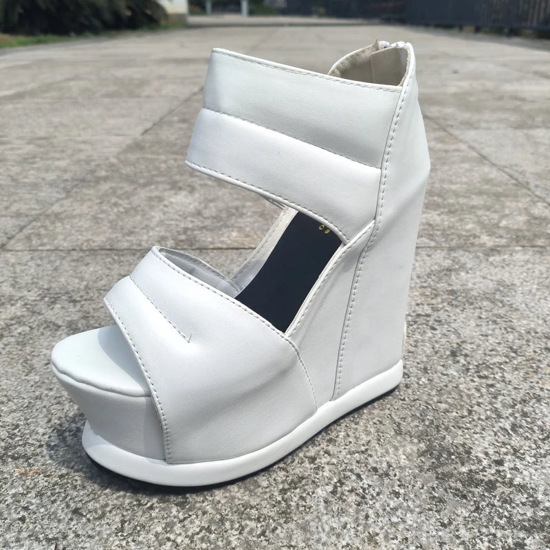 Women Thick Bottom High Heels White Platform Summer Roman Sandals 14CM Gladiator Non-Slip Wedge Shoes Model Sandalies Plus Size