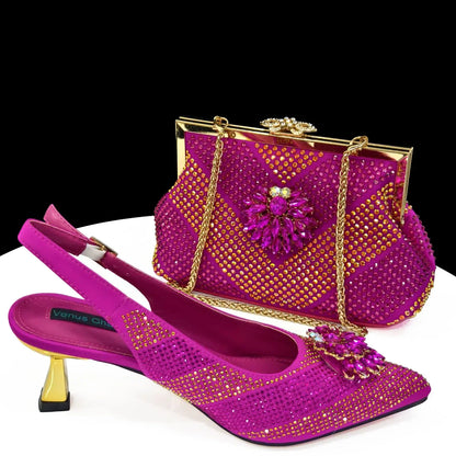 Venus Chan 2026 Italian Luxury Rhinestone Wine Pointed Toe High Heels with Matching Bag Set – Ideal for Parties and Special