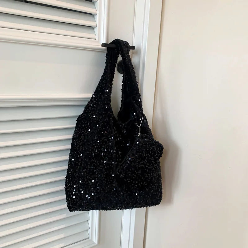 Tote Bag for Women Sequin Shoulder Bag Trendy Hobo Bag Luxury Designer Handbag Slouchy Underarm Bag for Work Travel Shopping