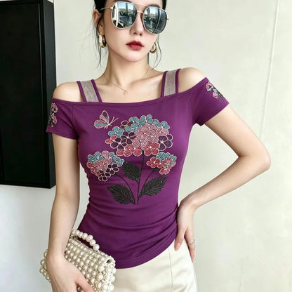 High Quality Elasticity Clothes Fashion T-Shirts Women's Sexy Off Shoulder Shiny Diamonds Mesh Tops Summer Tees Shirt