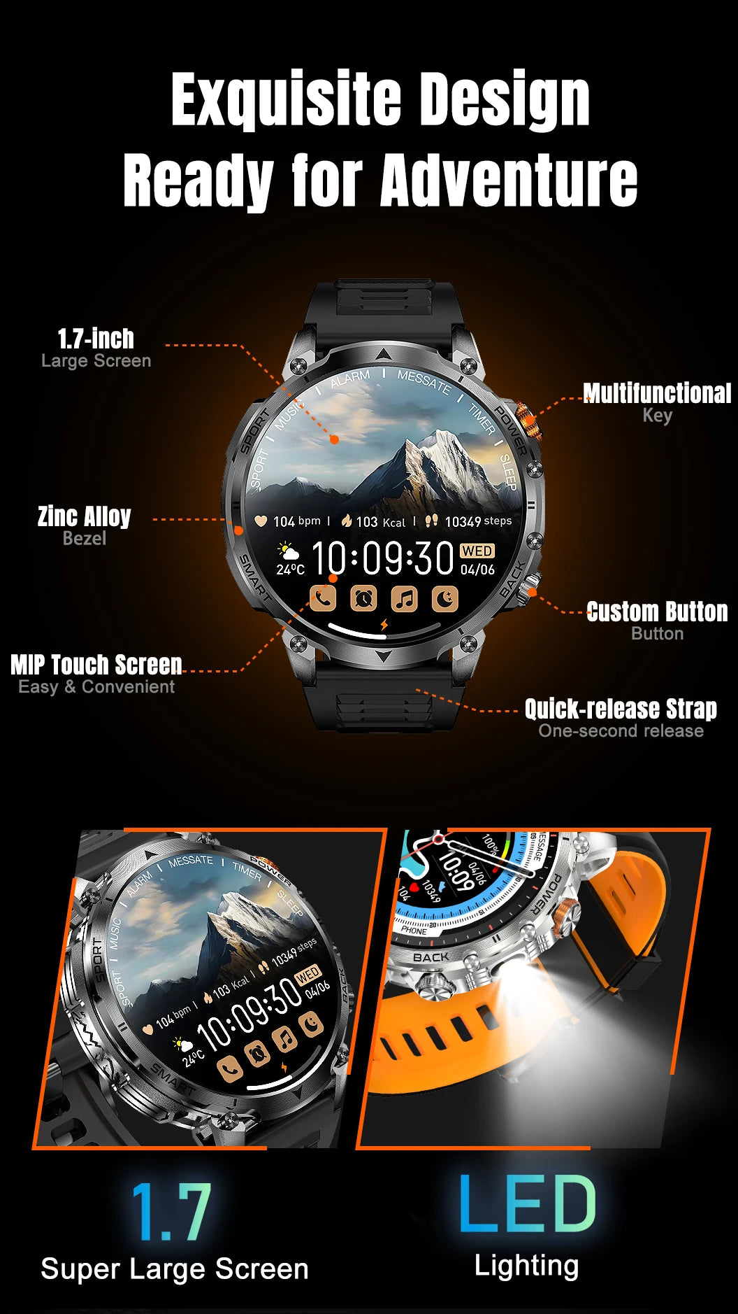 New Military Men's Outdoor Sport Smart Watch 1400mAh Battery BT Call Flashlight IP68 Waterproof 1.7' HD Large Screen Men Watch