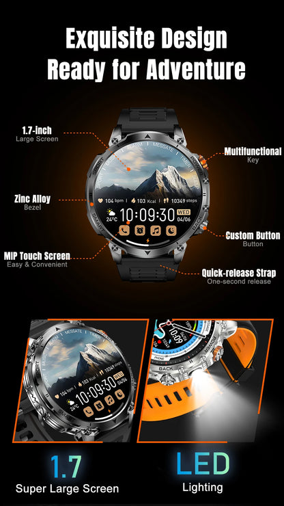 New Military Men's Outdoor Sport Smart Watch 1400mAh Battery BT Call Flashlight IP68 Waterproof 1.7' HD Large Screen Men Watch