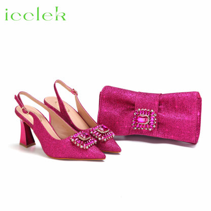 Women High Heels Sandals Shinning Material with Rhinestone Italian Design T.Blue Color Pointed Toe Shoes and Bags Set