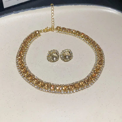 FYUAN Luxury Crystal Necklace Earrings Set Pink ABcolourful Necklace for Women Weddings Party Jewelry Sets Accessories