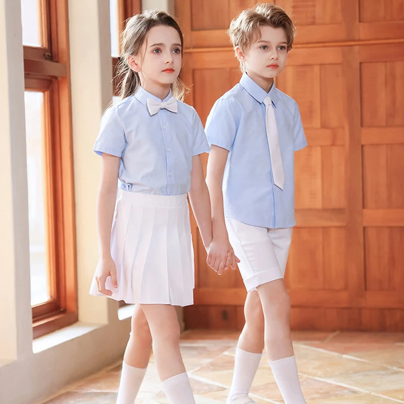 Children Summer Kindergarten School Uniforms Girls Pleated Skirts JK Suit Boys Shirt Shorts Bowtie Wedding Performance Costume