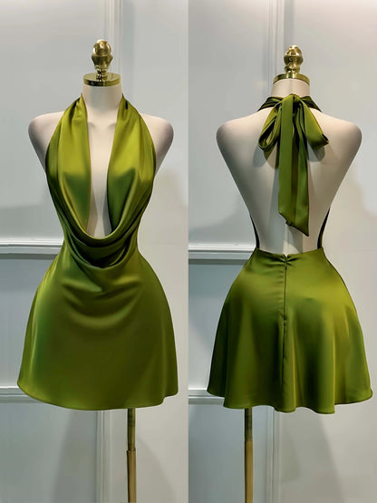 Women Elegant Solid Satin Dress, Back Zipper Open Back Fitted Midi Dress, Casual Vacation Party Banquet Cocktail Gown