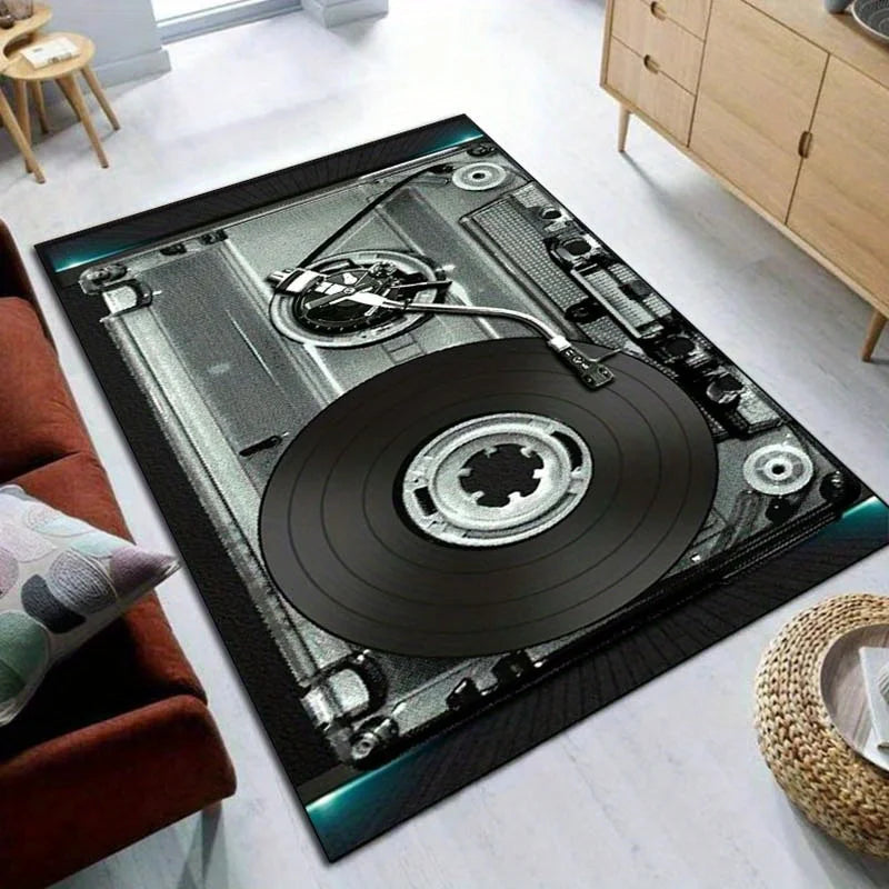 Vinyl Record Player Rug - Music Lover's Dream Carpet for Living Room, Classic Audio Equipment Design Skid resistant carpet