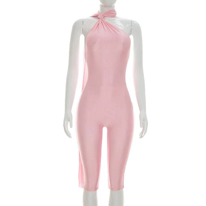 Sexy Backless Ruched Halter Neck Tie Solid Slim Fit Capris Jumpsuit Women Fashion Overalls Playsuits Beach Vacation Clubwear