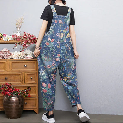 Casual Streetwear Print Floral Denim Jumpsuit Woman Loose Baggy Wide Leg Pants Rompers Big Size Pockets Straps Jeans Overalls