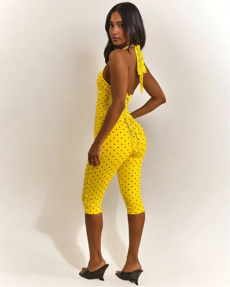 Doyerl Polka Dot One Piece Jumpsuits for Woman Club Outfits Halter V-neck Backless Lace-up Bandage Corset Bodycon Romper Mono