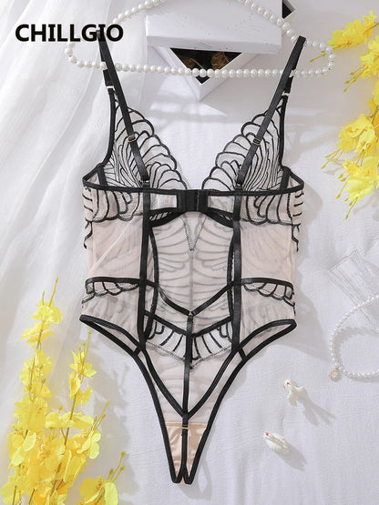 CHILLGIO Women Sexy Transparent Strappy Rompers Lingerie Lace Onesie Deep V Catsuits Ins Bodycon One Piece Combination Bodysuits