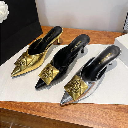 Women High Heels Slippers Summer New Luxury Fashion Gold Flower Decoration Modren Sandals Ladies Pointed Toe Mules Shoes Slides