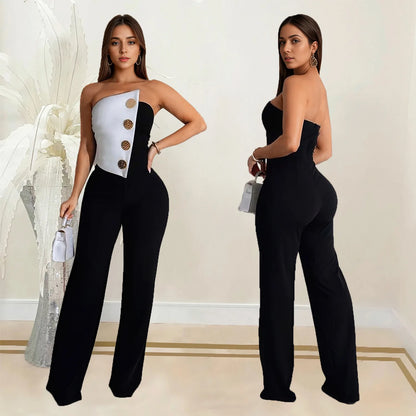 Sexy Backless Strapless Jumpsuit Summer Women Fashion Solid Button Sleeveless Slim Fit Wrap Hip Jumpsuits Elegant Office Romper