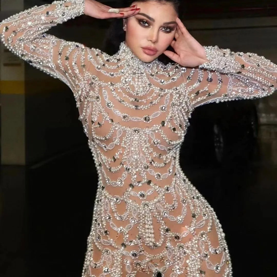 Women Jumpsuits 2026 new European slim solid color see-through sequined sexy long jumpsuit women's clothing vestidoes