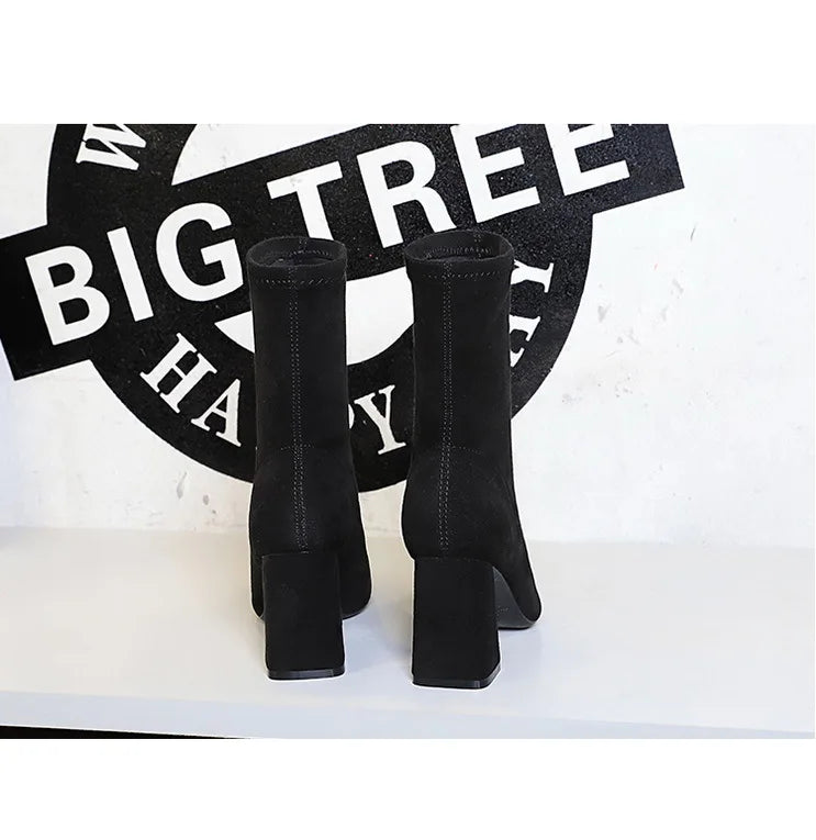 BIGTREE Shoes High Heel Boots Suede Women Ankle Boots Pointed Toe Socks Boots Thick Heel Women Shoes Warm Winter Boots Size 43