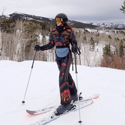 Women's Skiwear Printed With Belt Jumpsuits Winter Female Stand Collar Long Sleeve Zipper Slim Jumpsuit New Ladies Ski Sportwear