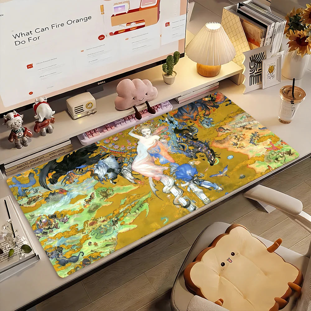 Gaming Mouse Pad, Large Desk Mat, Anti-slip Rubber Base, Stitched Edges, Golden Fantasy Art Print for Gaming & Office Desk Use